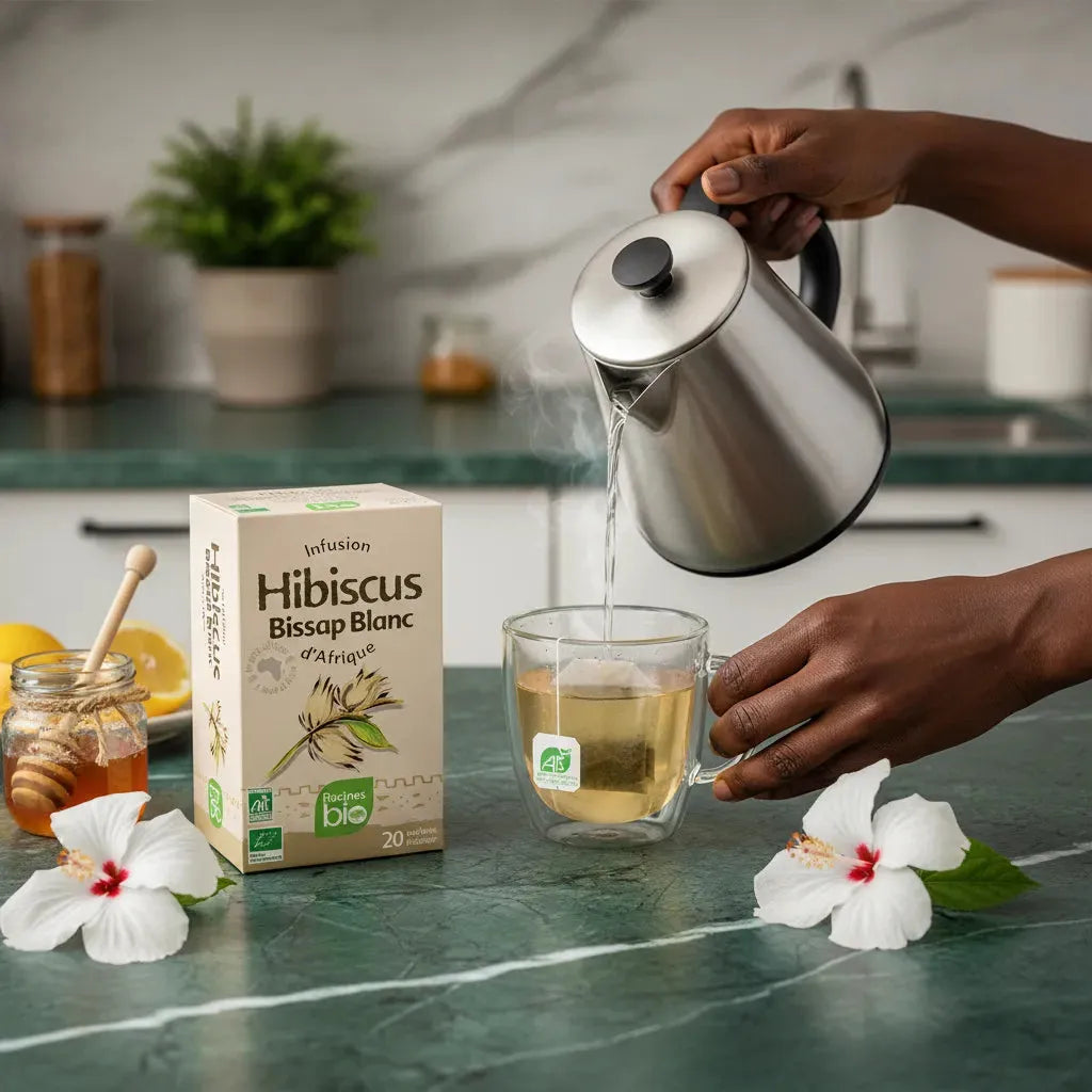 Préparation d'une infusion hibiscus blanc BIO RACINES avec eau chaude, fleurs d'hibiscus et miel, dans une cuisine moderne.