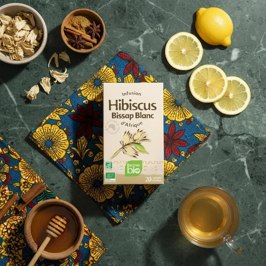 Infusion Hibiscus Blanc BIO RACINES posée sur tissu africain coloré avec citron, miel et épices, idéale pour une boisson naturelle.