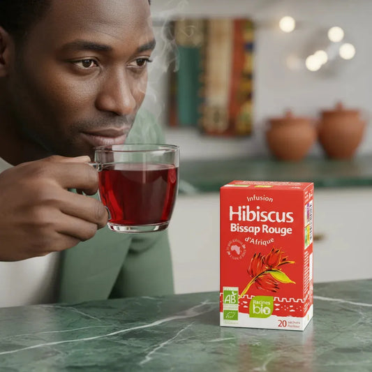 Homme dégustant une infusion de Bissap Rouge BIO RACINES, boîte de 20 sachets bio visible sur table, moment de détente naturel.