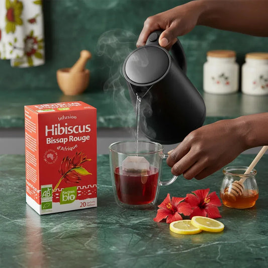 Préparation d'une infusion à la fleur d'hibiscus bio Rouge BIO RACINES, thé versé dans une tasse avec citron et miel en accompagnement.