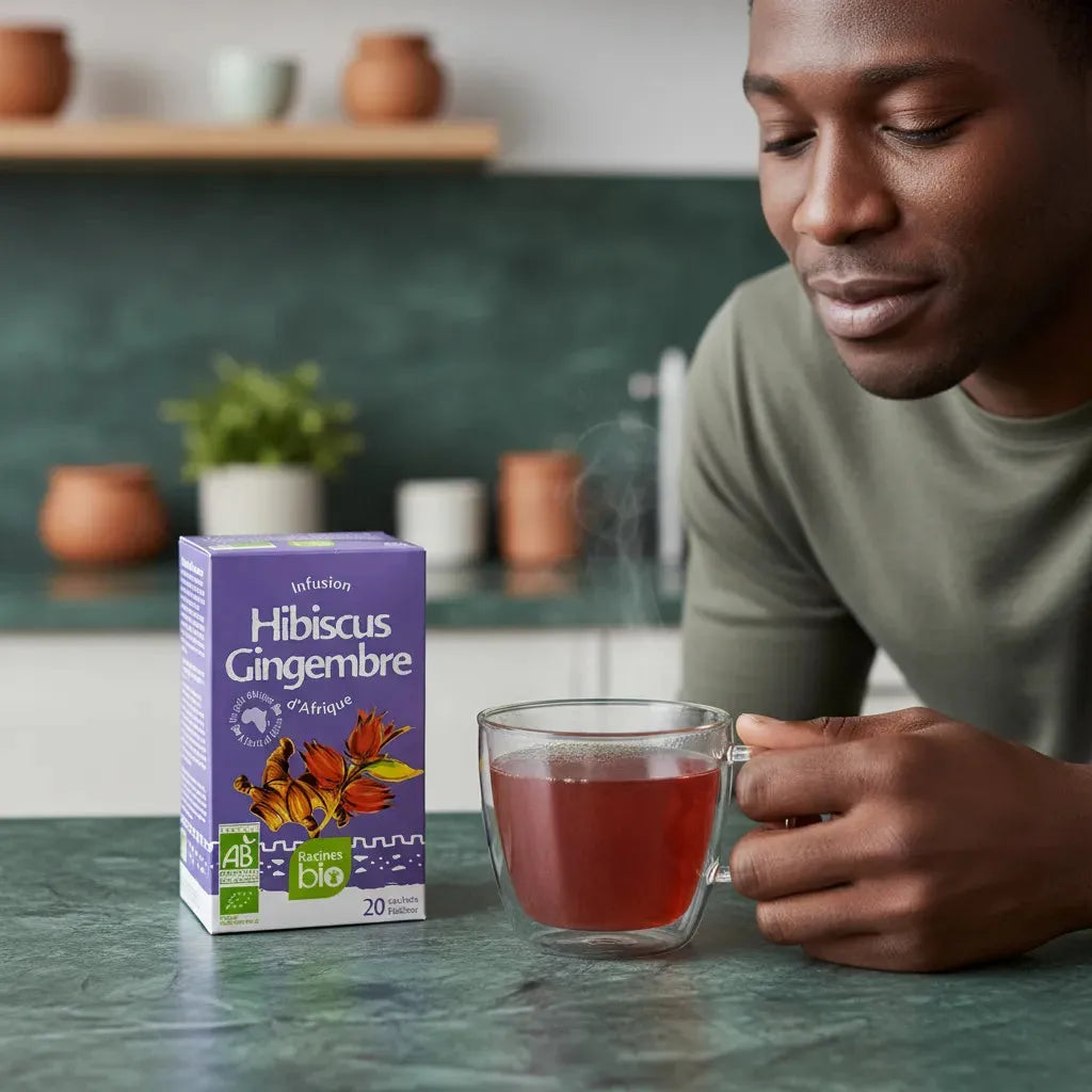 Homme dégustant une infusion hibiscus gingembre bio Racines, boisson chaude antioxydante posée sur une table de cuisine moderne.