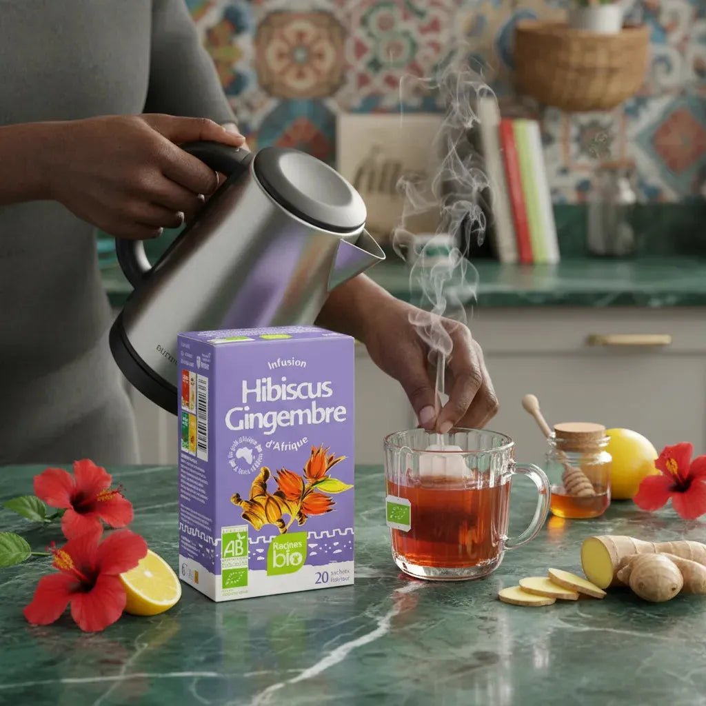 Préparation d'une infusion hibiscus gingembre bio Racines avec bouilloire, tasse fumante et ingrédients naturels comme gingembre et hibiscus.