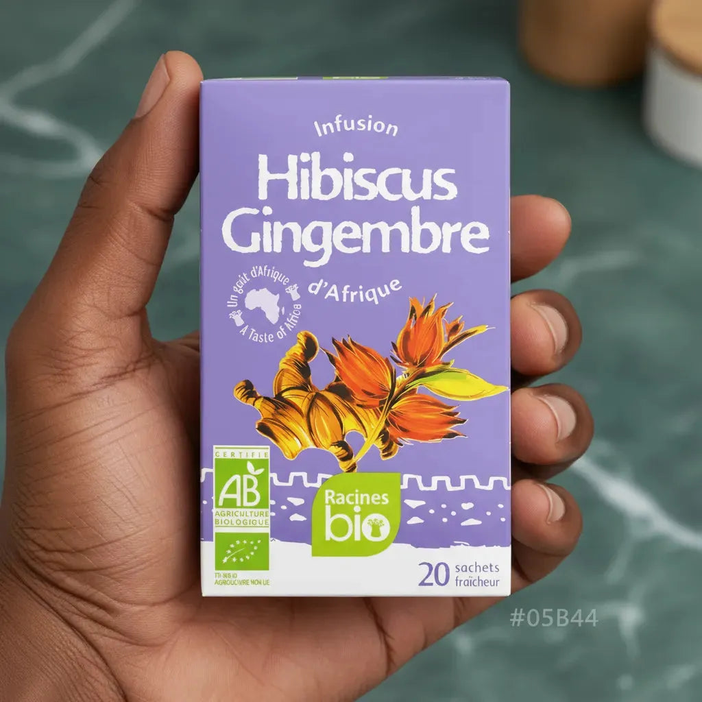 Main tenant une boîte d'infusion hibiscus gingembre bio Racines, format compact de 20 sachets, idéale pour une consommation quotidienne.