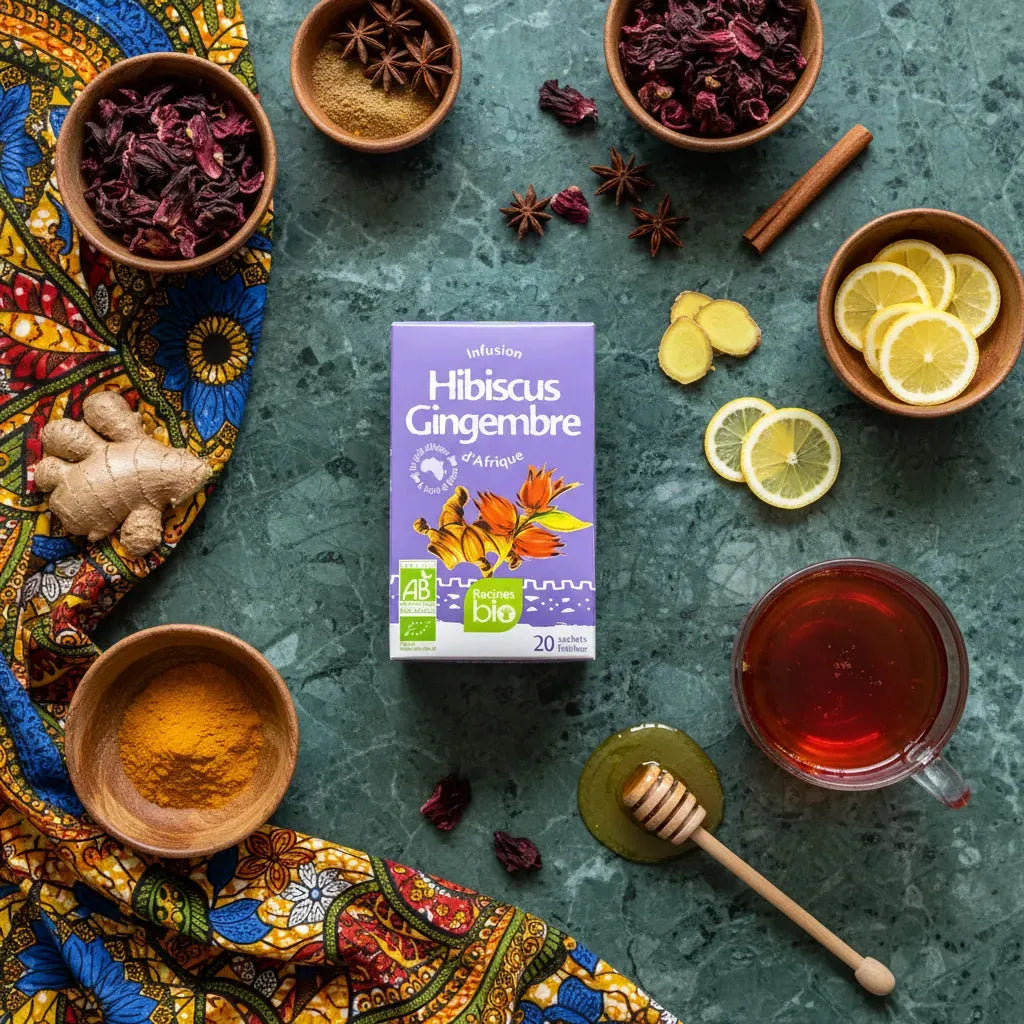 Boîte d'infusion hibiscus gingembre bio Racines entourée d'ingrédients naturels : gingembre, hibiscus, citron, miel et épices sur fond vert.