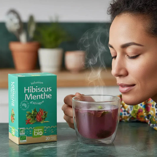 Femme dégustant une tasse fumante d'infusion hibiscus menthe BIO RACINES, boisson naturelle bien-être et rafraîchissante.