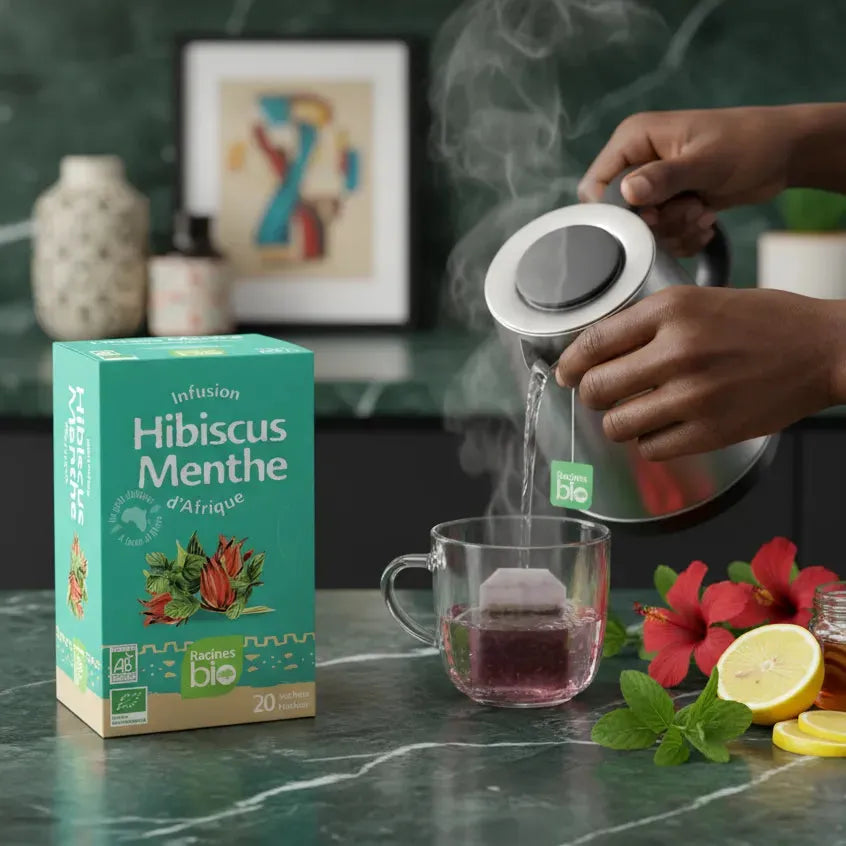 Préparation d'une infusion hibiscus menthe BIO RACINES avec eau chaude, citron et fleurs d'hibiscus sur plan de travail.