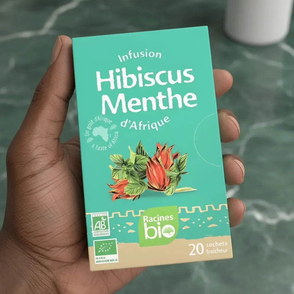 Main tenant une boîte d'infusion BIO RACINES hibiscus menthe, 20 sachets, boisson naturelle aux saveurs africaines.