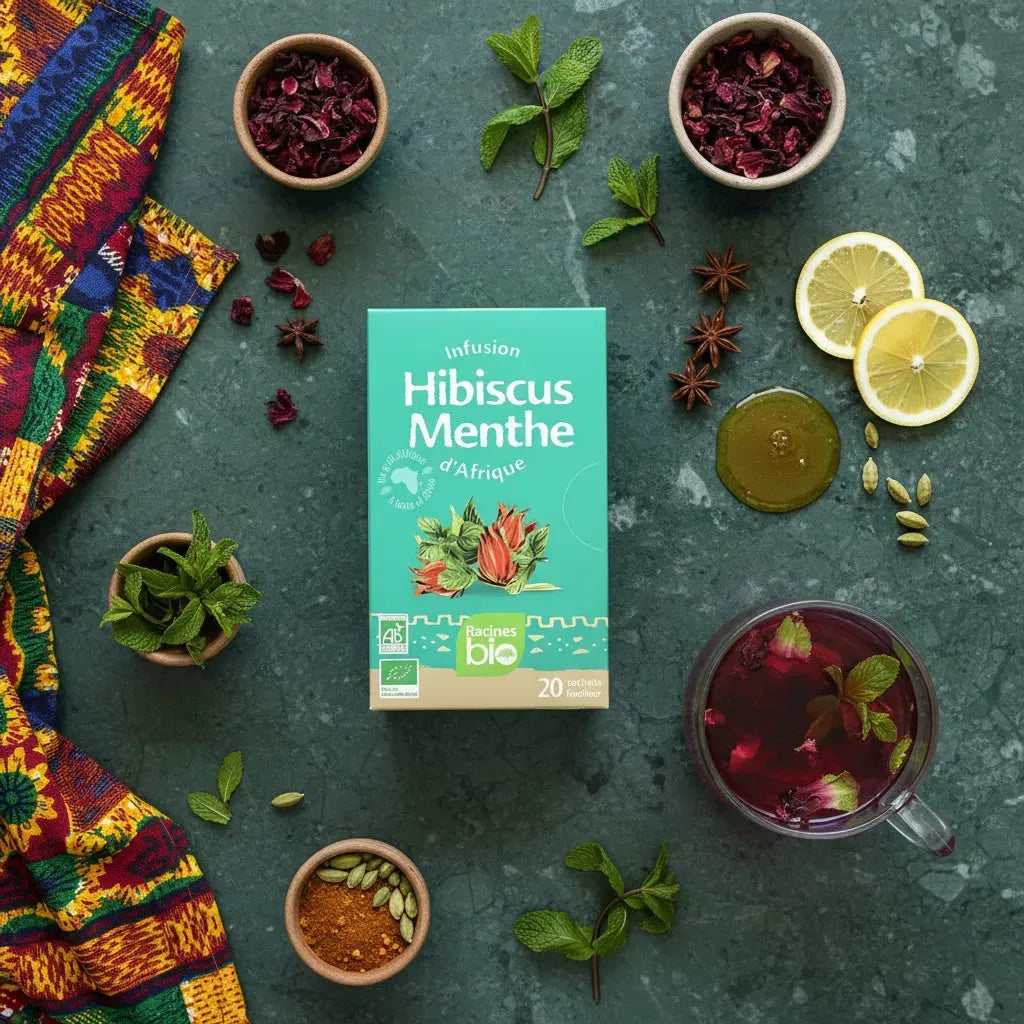 Infusion d'Afrique BIO RACINES hibiscus menthe entourée d'ingrédients naturels comme citron, menthe et fleurs d'hibiscus.