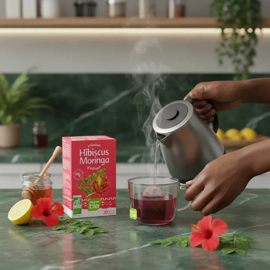 Préparation d'une infusion hibiscus moringa bio RACINES avec eau chaude, citron, miel et fleurs d'hibiscus sur plan de travail moderne.