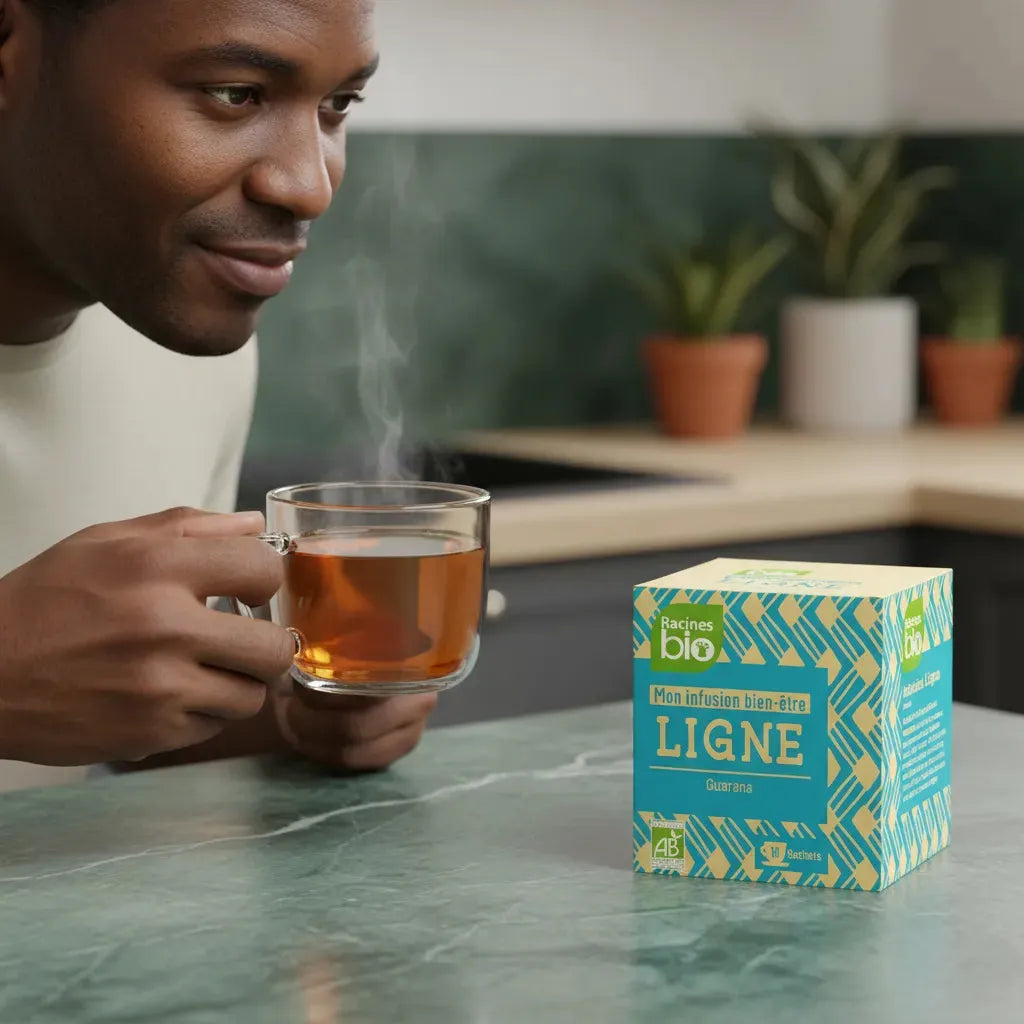 Homme savourant une tasse d'infusion Bien Être Ligne BIO RACINES, boîte visible au premier plan. Infusion bio au guarana pour bien-être quotidien.