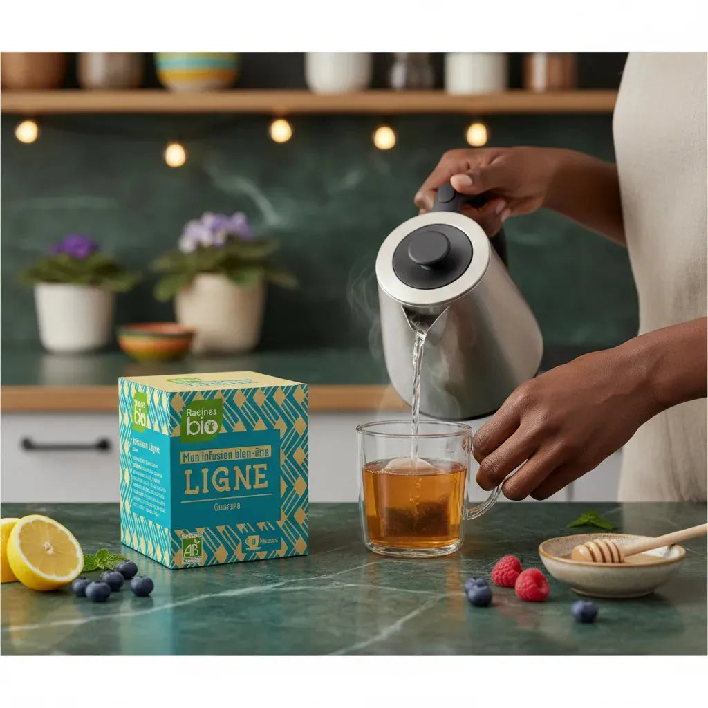 Préparation d'une infusion Bien Être Ligne BIO RACINES avec eau chaude versée dans une tasse, accompagnée de fruits et miel. Infusion bio relaxante.