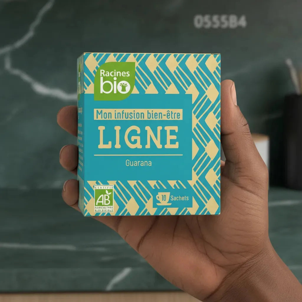 Main tenant une boîte d'infusion Bien Être Ligne BIO RACINES au guarana, certifiée AB. Produit bio pour une pause bien-être naturelle et équilibrée.