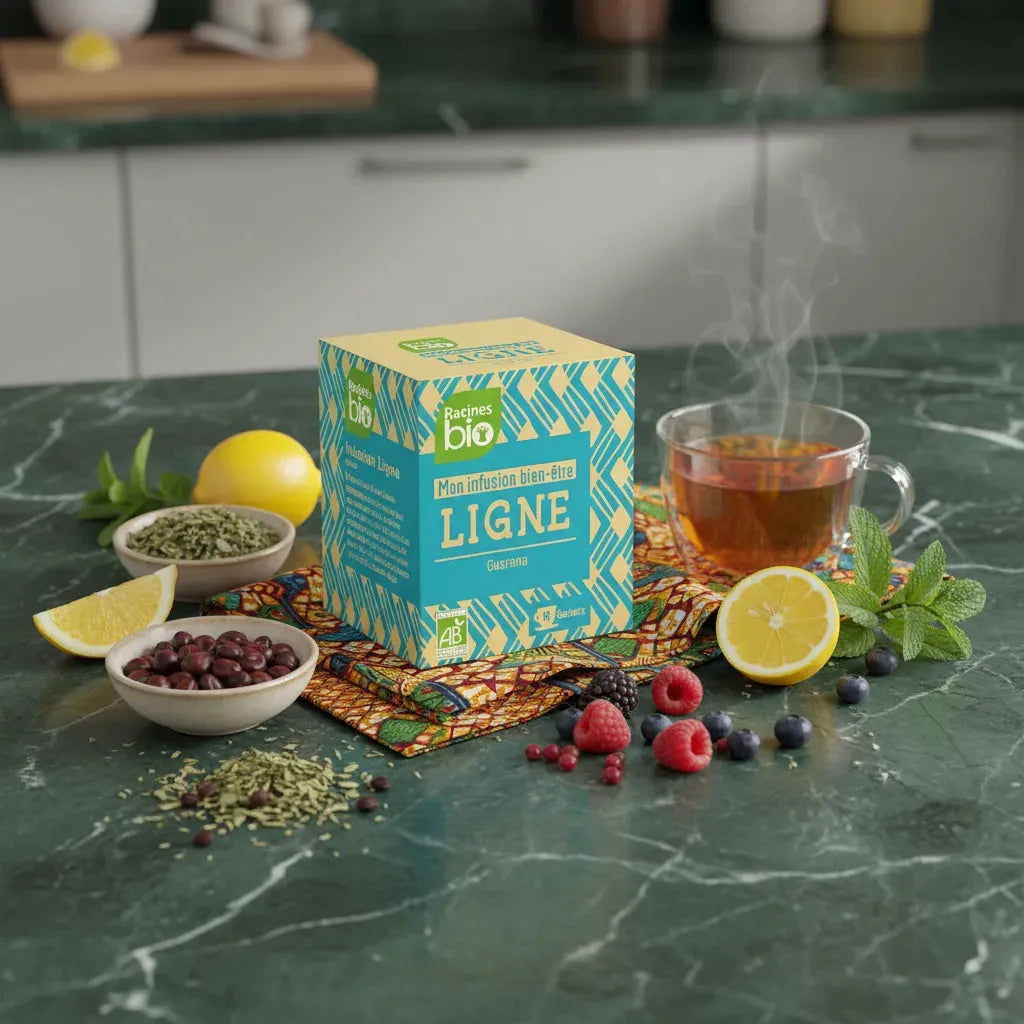 Infusion Bien Être Ligne BIO RACINES avec tasse de thé fumante, fruits frais et citron sur table en marbre. Mélange de plantes bio pour détente naturelle.