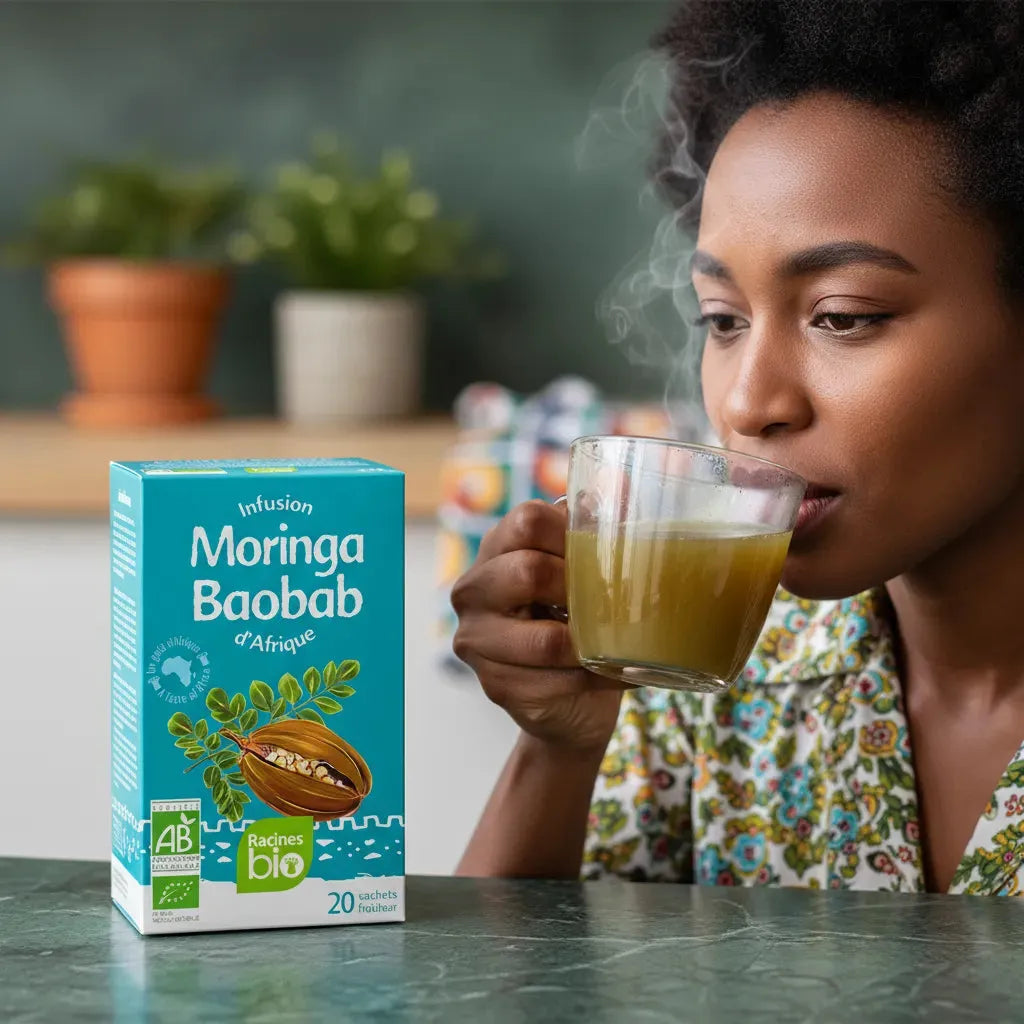 Femme dégustant une tasse d'Infusion Baobab Moringa BIO Racines, boisson chaude et saine à base de plantes africaines biologiques.