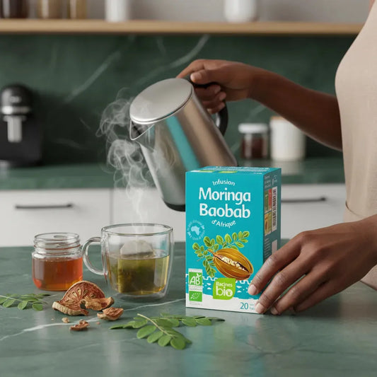 Préparation d'une tasse d'Infusion Baobab Moringa BIO Racines avec théière, miel et feuilles de moringa, boisson chaude bio et revitalisante.