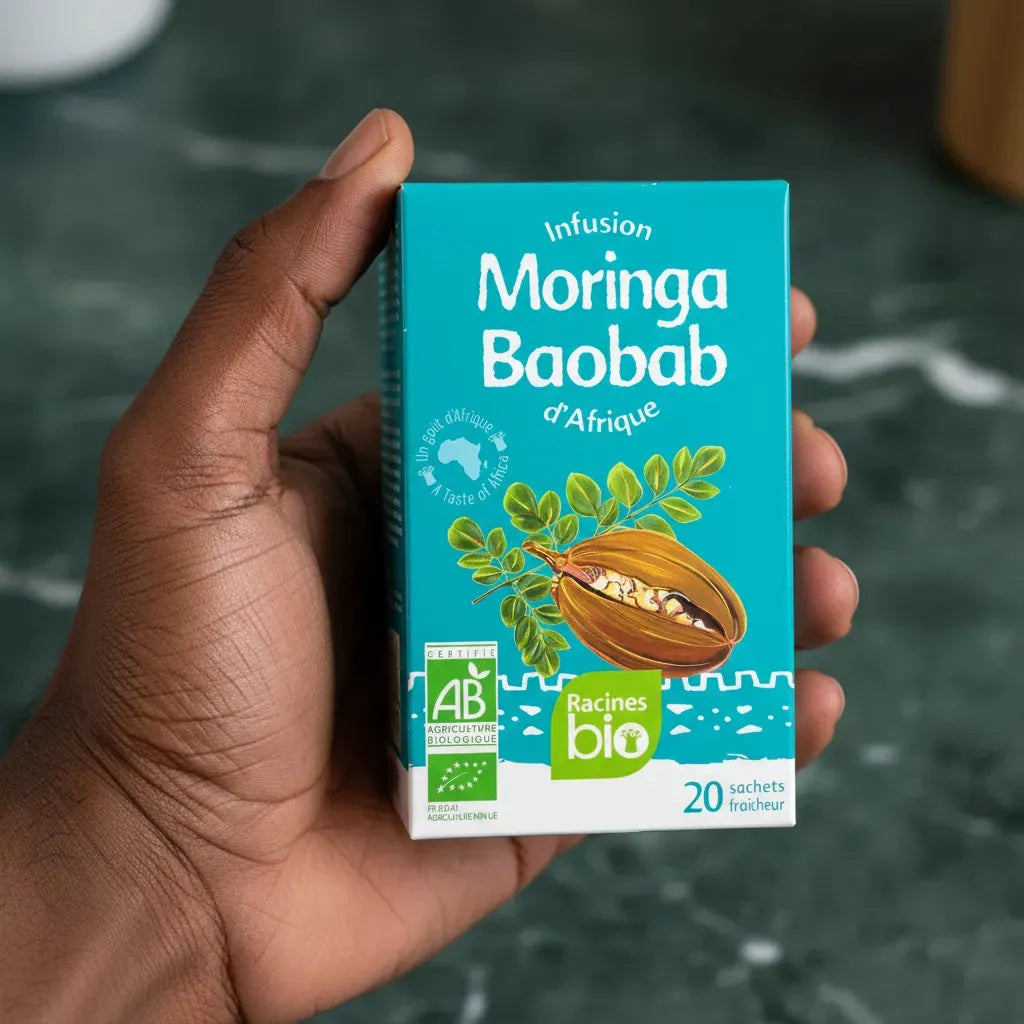 Main tenant une boîte d'Infusion Baobab Moringa BIO Racines, 20 sachets, infusion naturelle certifiée bio, idéale pour bien-être quotidien.