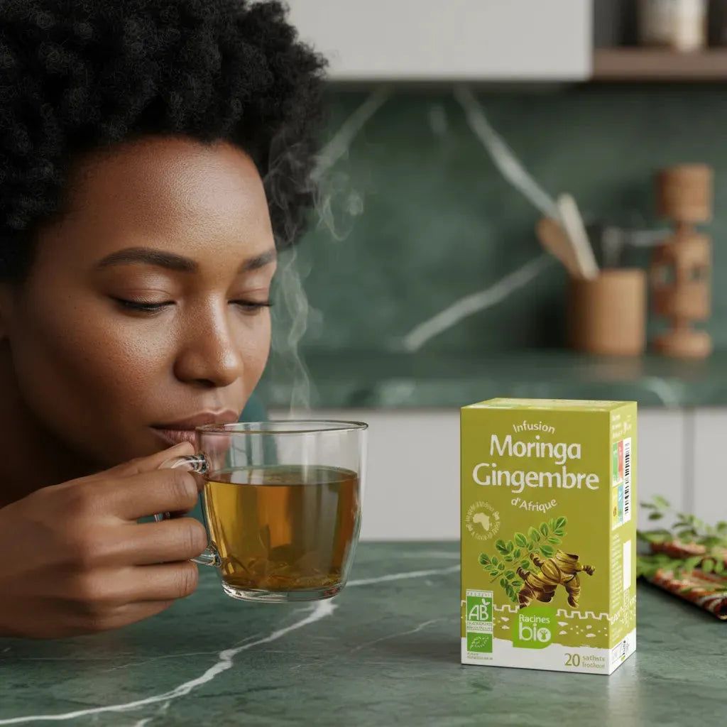 Femme dégustant une infusion gingembre moringa BIO Racines, boisson chaude bien-être à base de plantes naturelles certifiées bio.