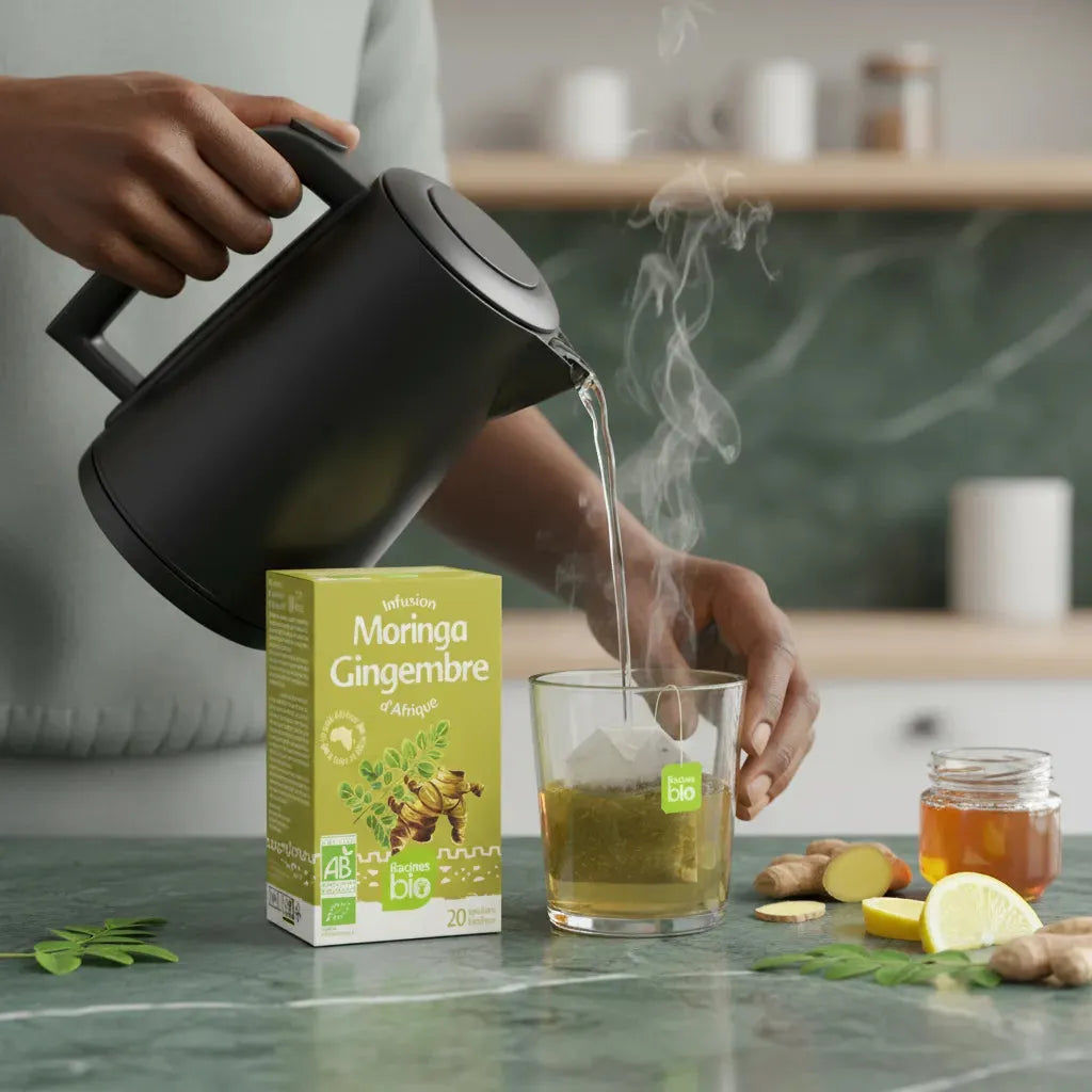 Préparation d'une infusion gingembre moringa BIO Racines avec eau chaude, citron, miel et gingembre pour une boisson bien-être naturelle.