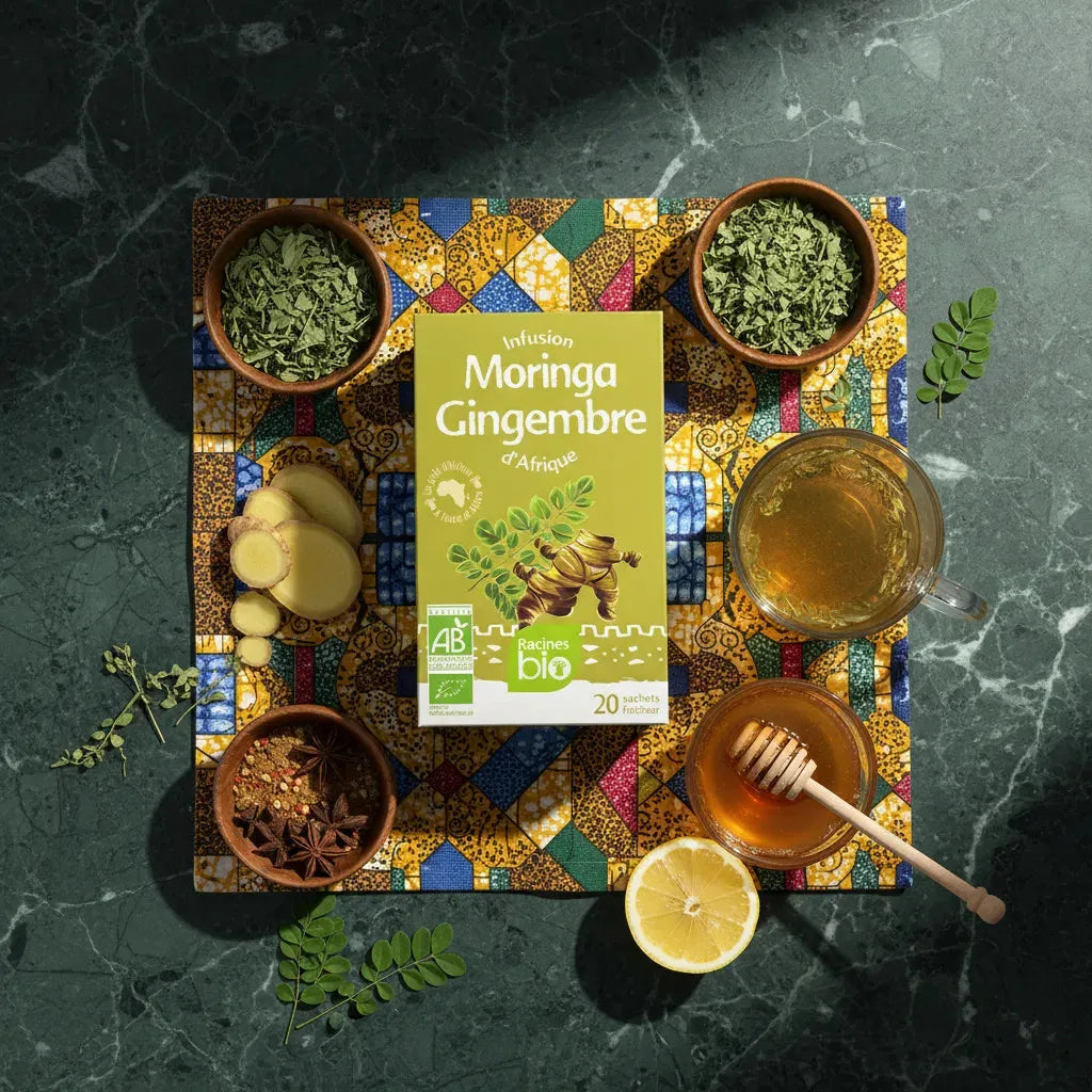 Infusion Gingembre Moringa BIO Racines présentée avec ingrédients naturels comme citron, miel, gingembre et feuilles de moringa sur fond africain.