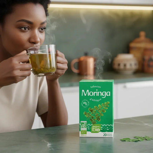 Femme dégustant une tasse d'infusion Moringa Bio RACINES, boisson apaisante aux feuilles de moringa bio aux vertus nutritionnelles.