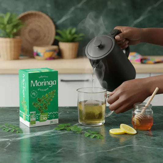 Préparation d'une infusion Moringa Bio RACINES avec eau chaude, citron et miel, illustrant une boisson bien-être bio et naturelle.