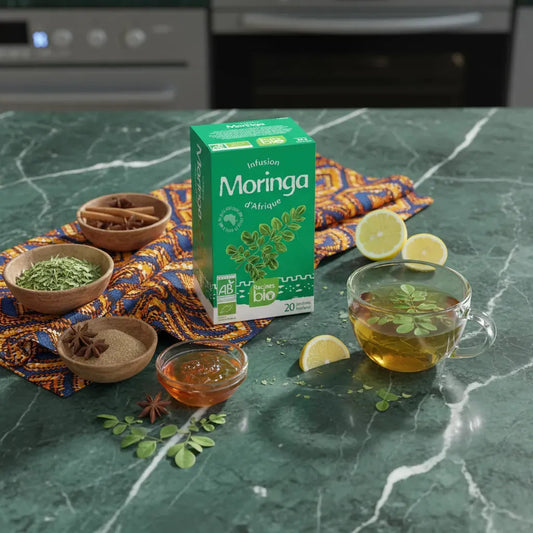 Infusion Moringa Bio RACINES servie avec citron, miel et anis étoilé sur table en marbre, mettant en valeur ses bienfaits naturels.