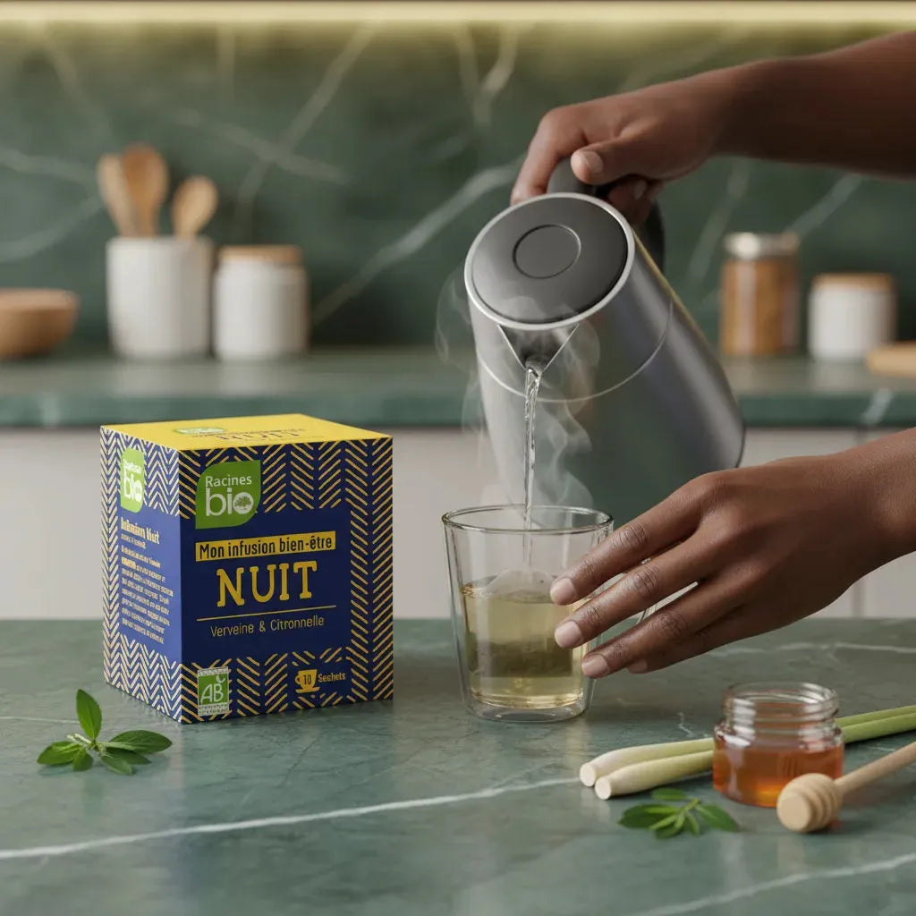 Préparation d'une infusion Nuit BIO Racines avec eau chaude, citronnelle et miel, infusion bio pour favoriser le sommeil naturellement.
