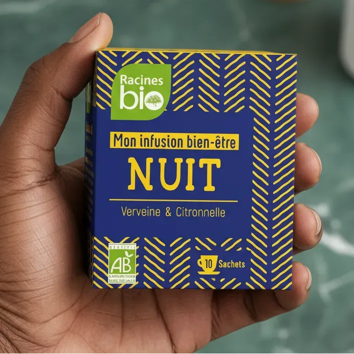 Main tenant une boîte d'infusion Nuit BIO Racines, verveine et citronnelle, format 10 sachets, tisane bio pour détente nocturne.
