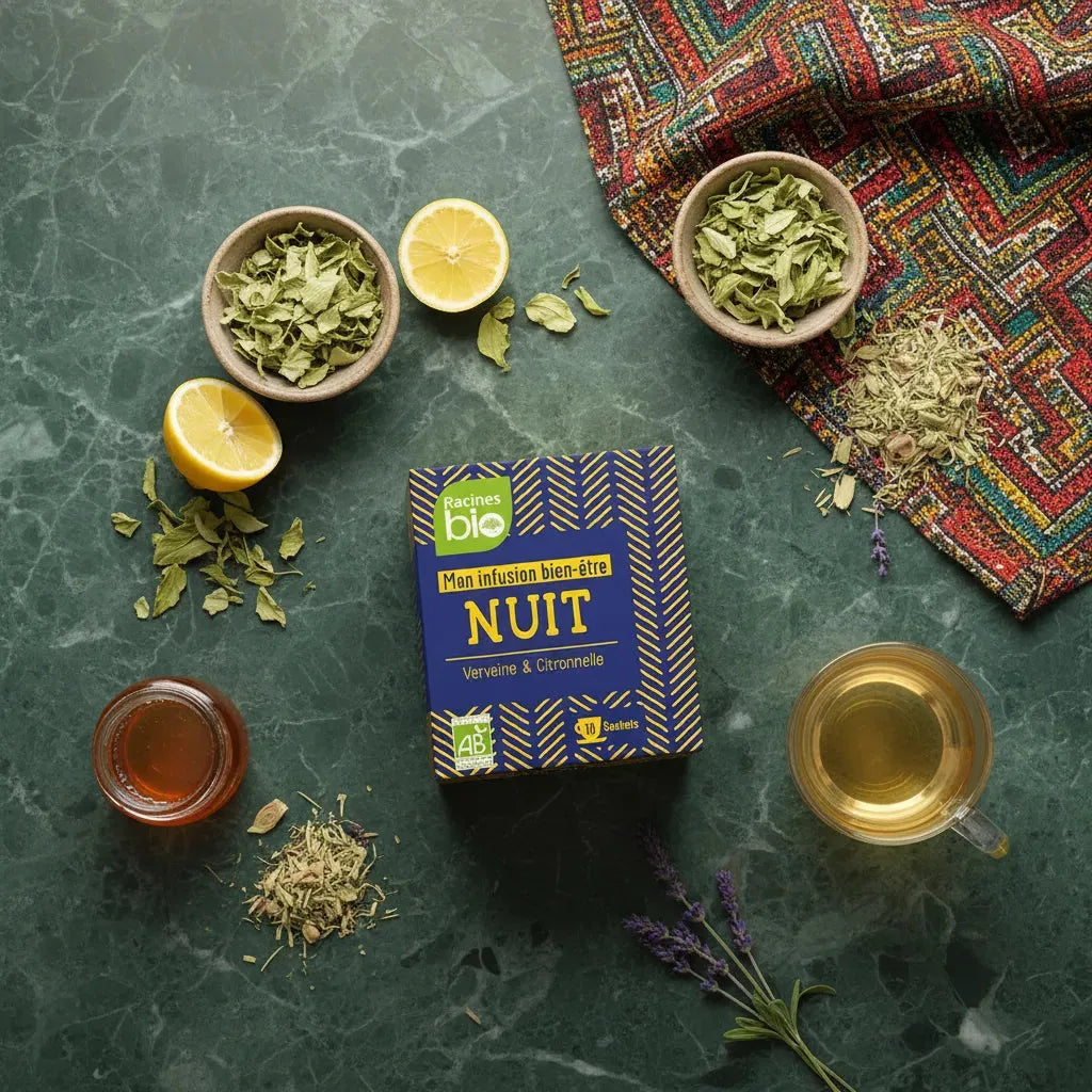 Infusion Nuit BIO Racines posée sur table en marbre avec verveine, citronnelle, miel et tasse de tisane, idéale pour une soirée détente.