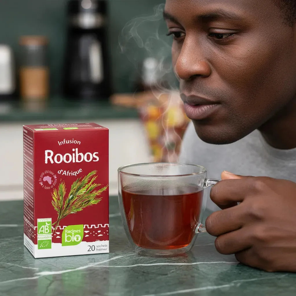 Homme dégustant une tasse d'infusion rooibos bio RACINES, boisson chaude sans caféine à base de plantes africaines.