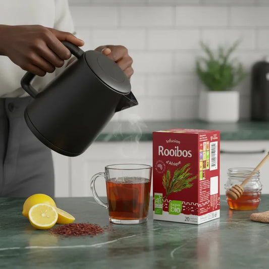 Préparation d'une infusion Rooibos BIO RACINES avec eau chaude, citron, miel et rooibos en vrac sur plan de travail.