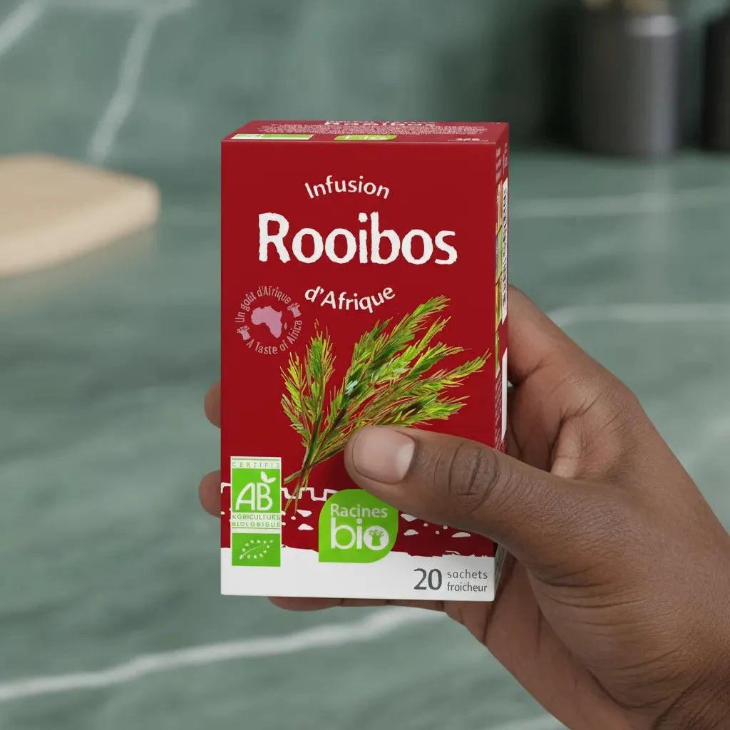 Main tenant une boîte d'infusion Rooibos BIO RACINES, produit bio sans caféine issu de l'agriculture biologique.