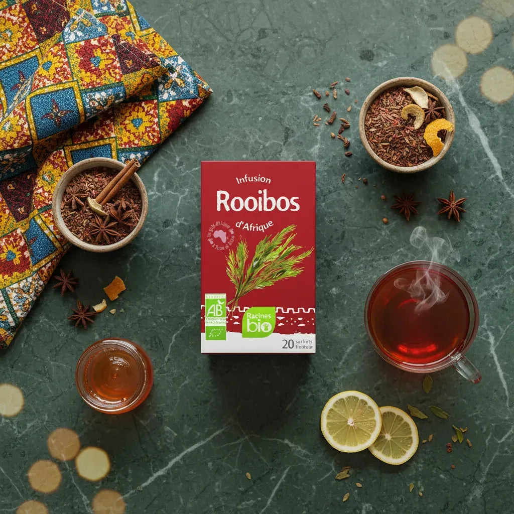 Infusion Rooibos BIO RACINES présentée sur table avec tasses de thé, citron, épices et tissu africain coloré.