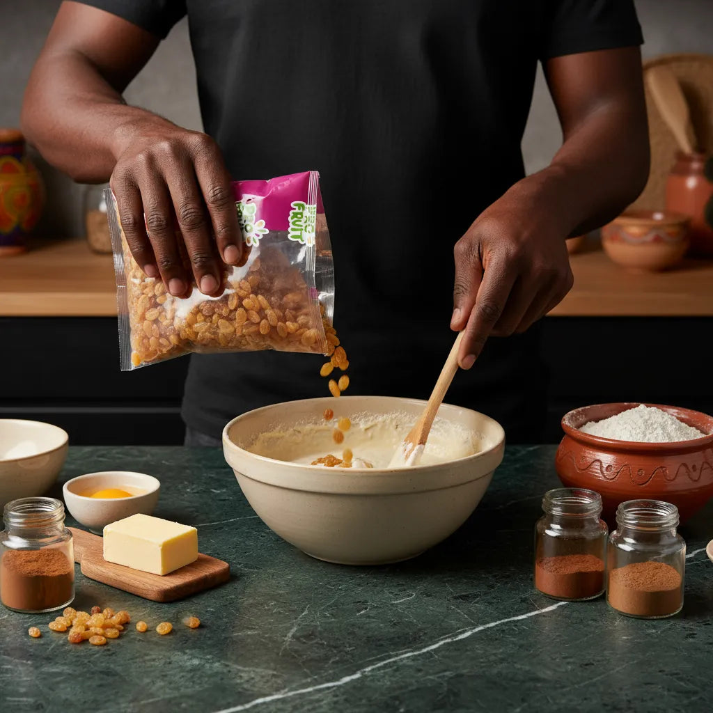 Personne versant des raisins Golden PROFRUIT dans un saladier de pâte, montrant leur utilisation idéale en pâtisserie maison et recettes sucrées.