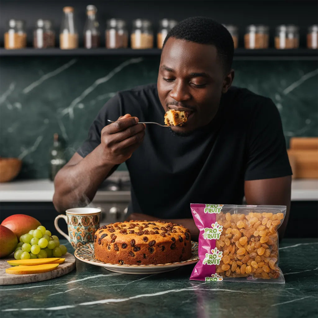 Homme dégustant un gâteau aux raisins Golden PROFRUIT, avec le sachet de raisins secs visible sur la table, idéal pour pâtisseries et collations.