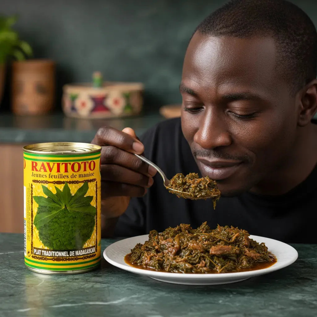Homme dégustant un plat préparé avec Ravitoto CODAL, feuilles de manioc mijotées pour une recette traditionnelle malgache authentique.