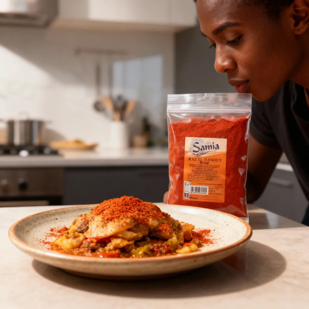 Femme appréciant l'arôme d'un plat préparé avec le Raz el hanout rouge SAMIA, épice idéale pour recettes savoureuses.