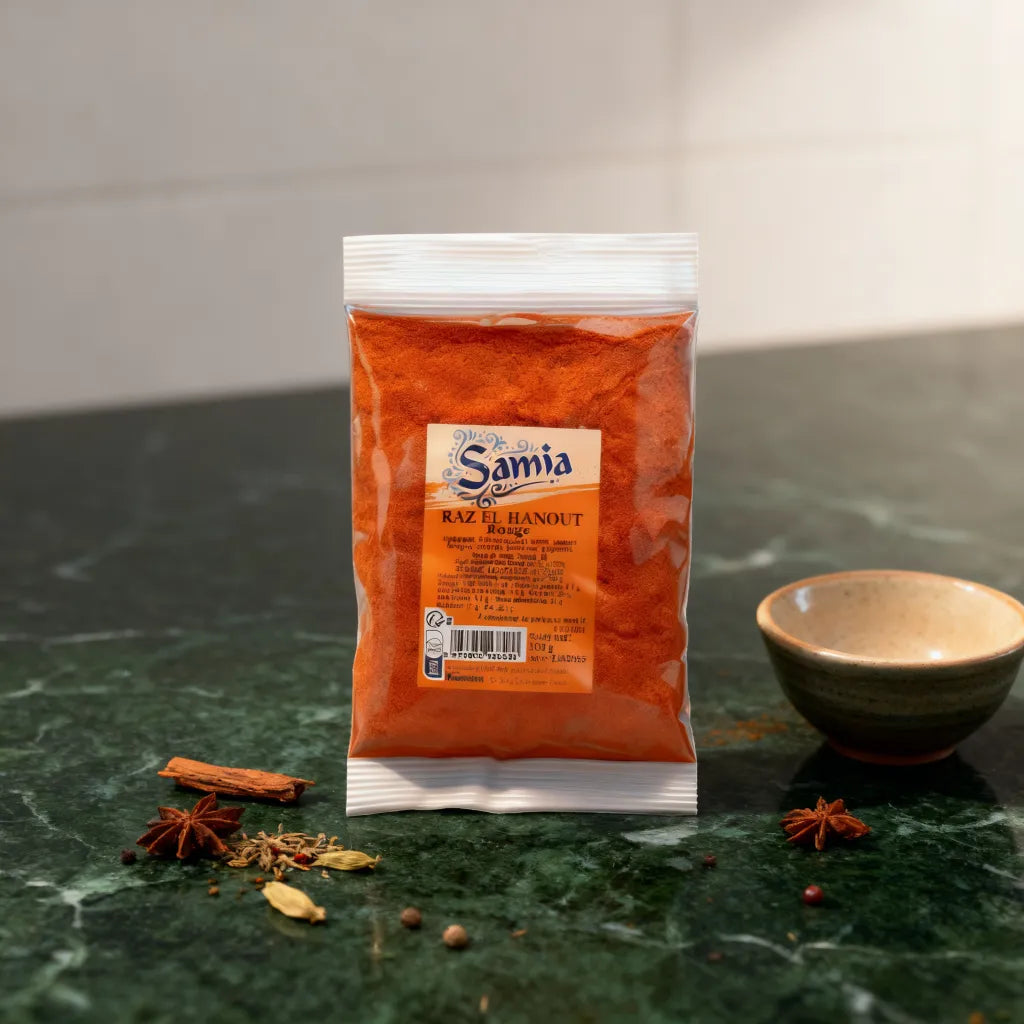 Sachet de Raz el hanout rouge SAMIA posé sur plan de travail avec épices entières, parfait pour cuisine orientale maison.