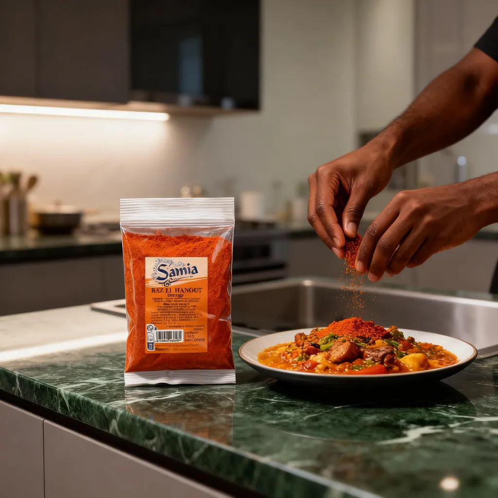 Utilisation du Raz el hanout rouge SAMIA en cuisine, épices versées sur un plat mijoté pour rehausser les saveurs orientales.