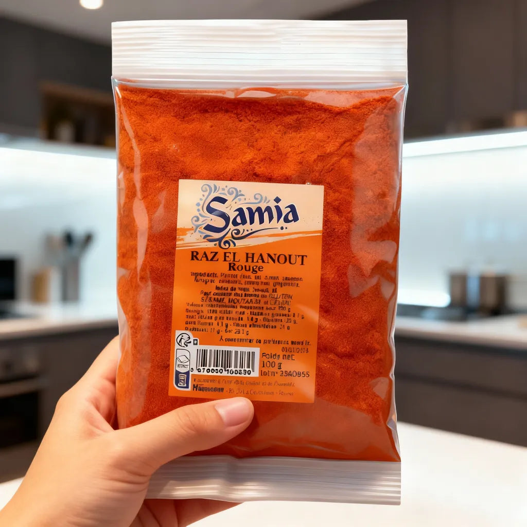 Main tenant un sachet de Raz el hanout rouge SAMIA, mélange d'épices riche pour plats traditionnels et recettes épicées.