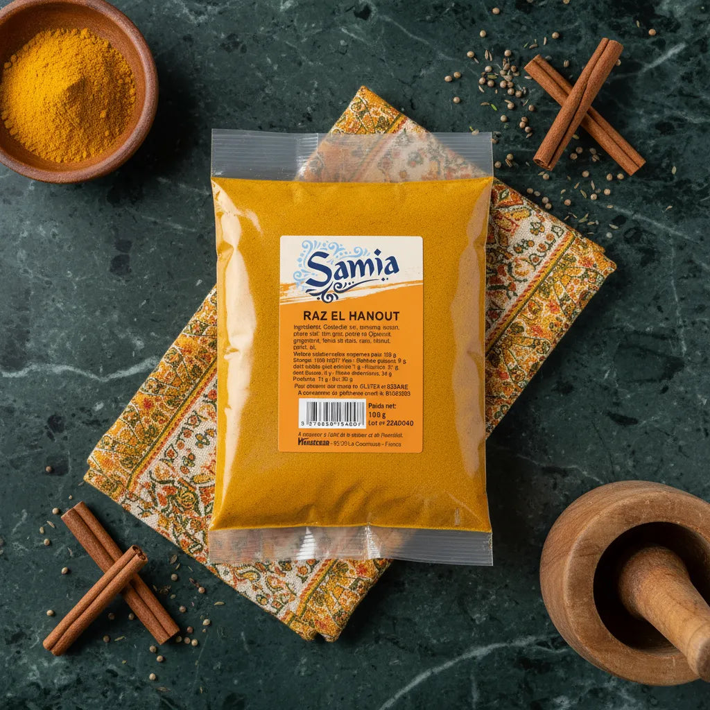 Sachet de Raz el Hanout SAMIA posé sur un tissu oriental avec cannelle et graines, idéal pour cuisine épicée maison.