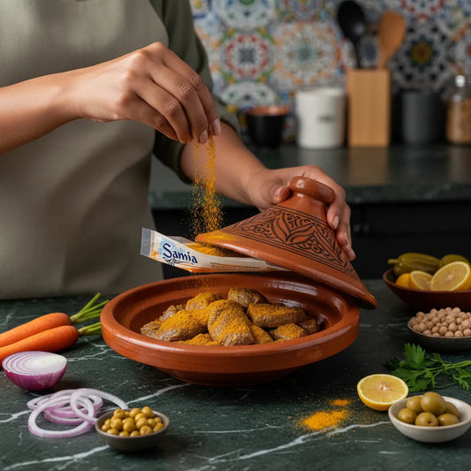 Main saupoudrant du Raz el Hanout SAMIA sur un tajine de viande, illustrant l'utilisation du mélange d'épices authentique.