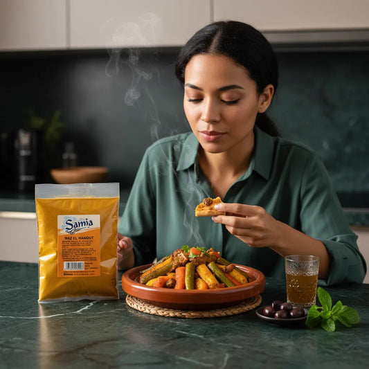 Femme dégustant un tajine aux légumes préparé avec le Raz el Hanout SAMIA - Mélange Épices | Saveurs Authentiques.