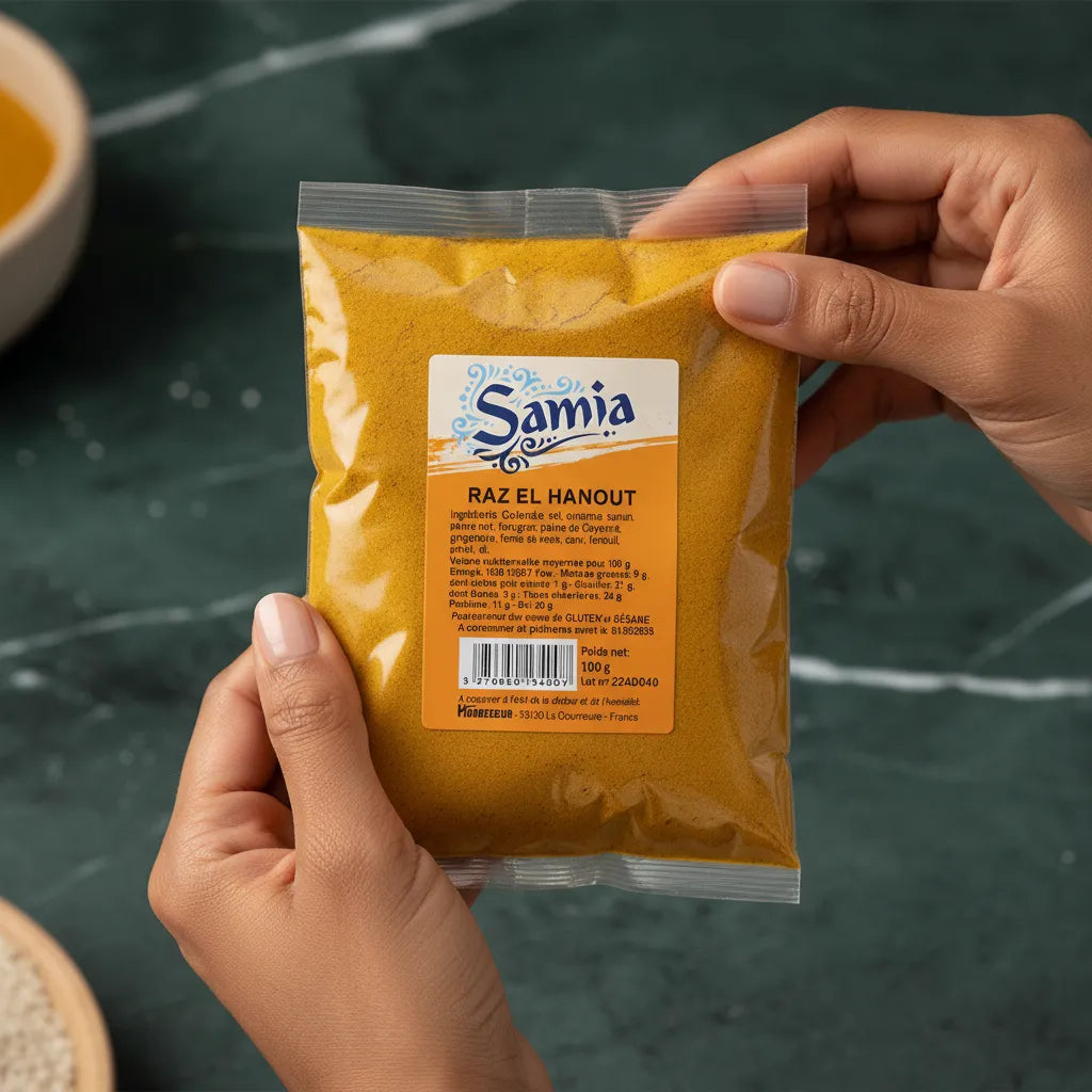 Main tenant un sachet de Raz el Hanout SAMIA, mélange d'épices pour plats traditionnels, étiquette visible en gros plan.