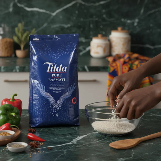 Préparation du Riz long Basmati TILDA dans un bol en verre, sac de riz en arrière-plan sur plan de travail de cuisine moderne.