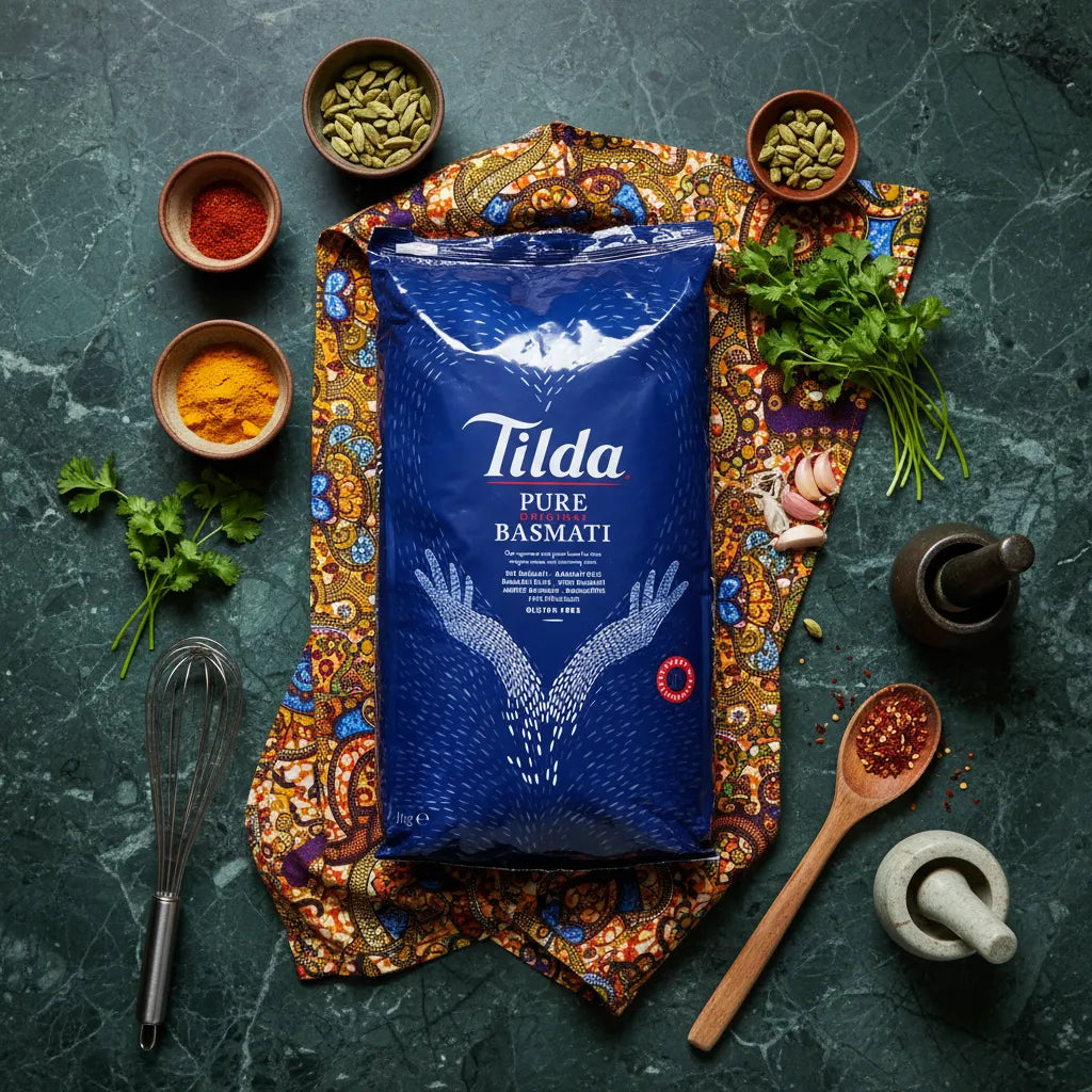 Riz long Basmati TILDA entouré d'épices et herbes fraîches sur fond de cuisine, idéal pour recettes exotiques et cuisine du monde.