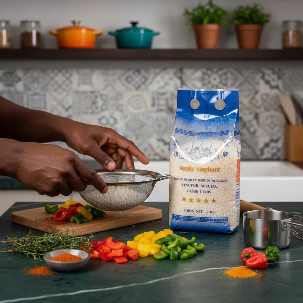 Préparation culinaire avec brisures de riz TERSOL cassé 1 fois, entouré de légumes frais, parfait pour cuisine maison rapide.