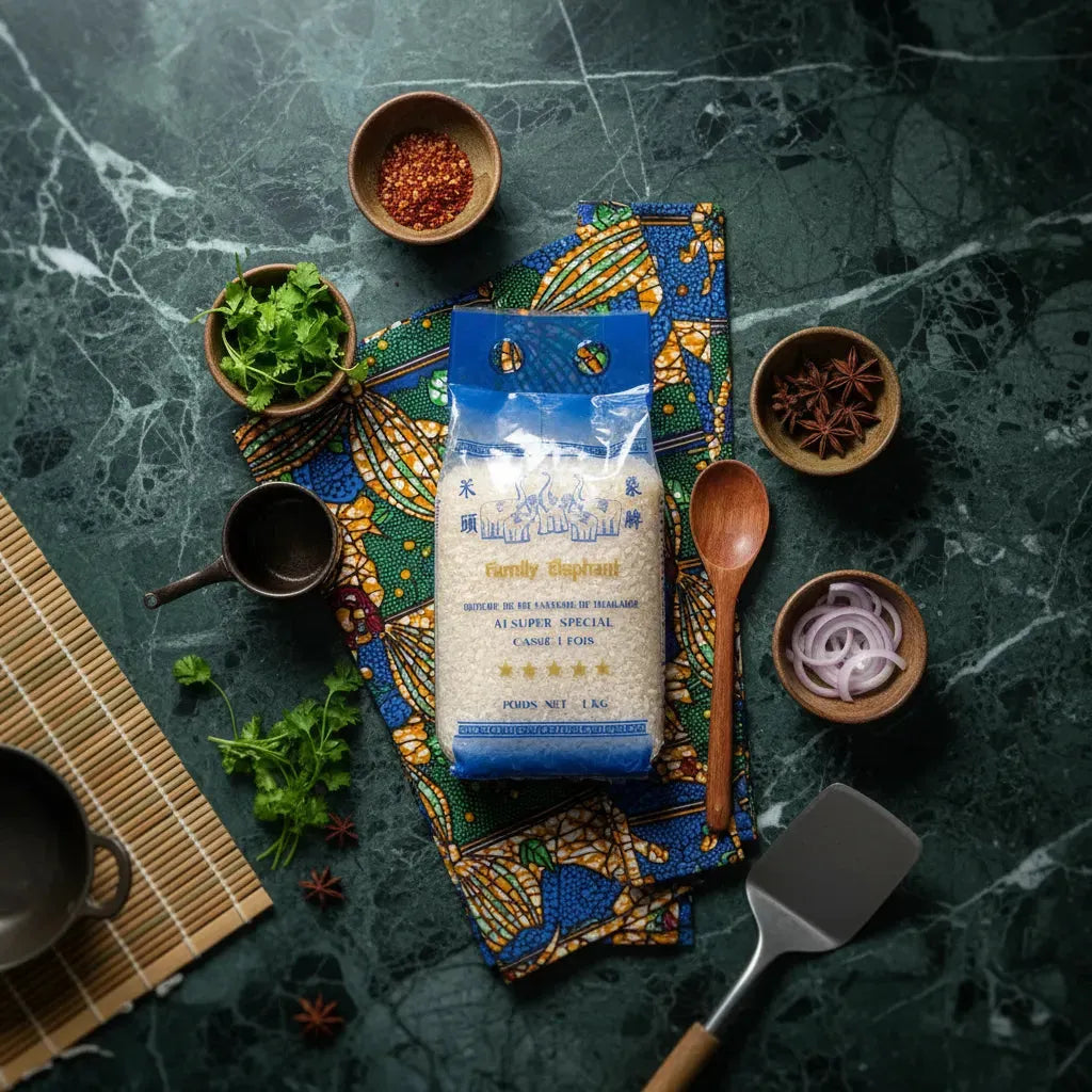 Brisures de riz TERSOL cassé 1 fois posées sur tissu coloré avec épices et ustensiles, parfait pour plats traditionnels savoureux.