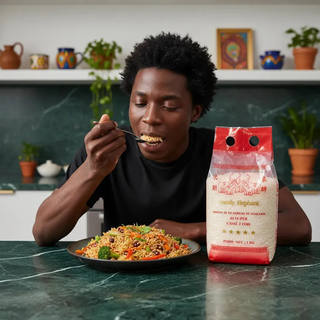 Homme dégustant un plat préparé avec les brisures de riz TERSOL cassé 2 fois, sac de riz Family Elephant visible sur une table de cuisine moderne.