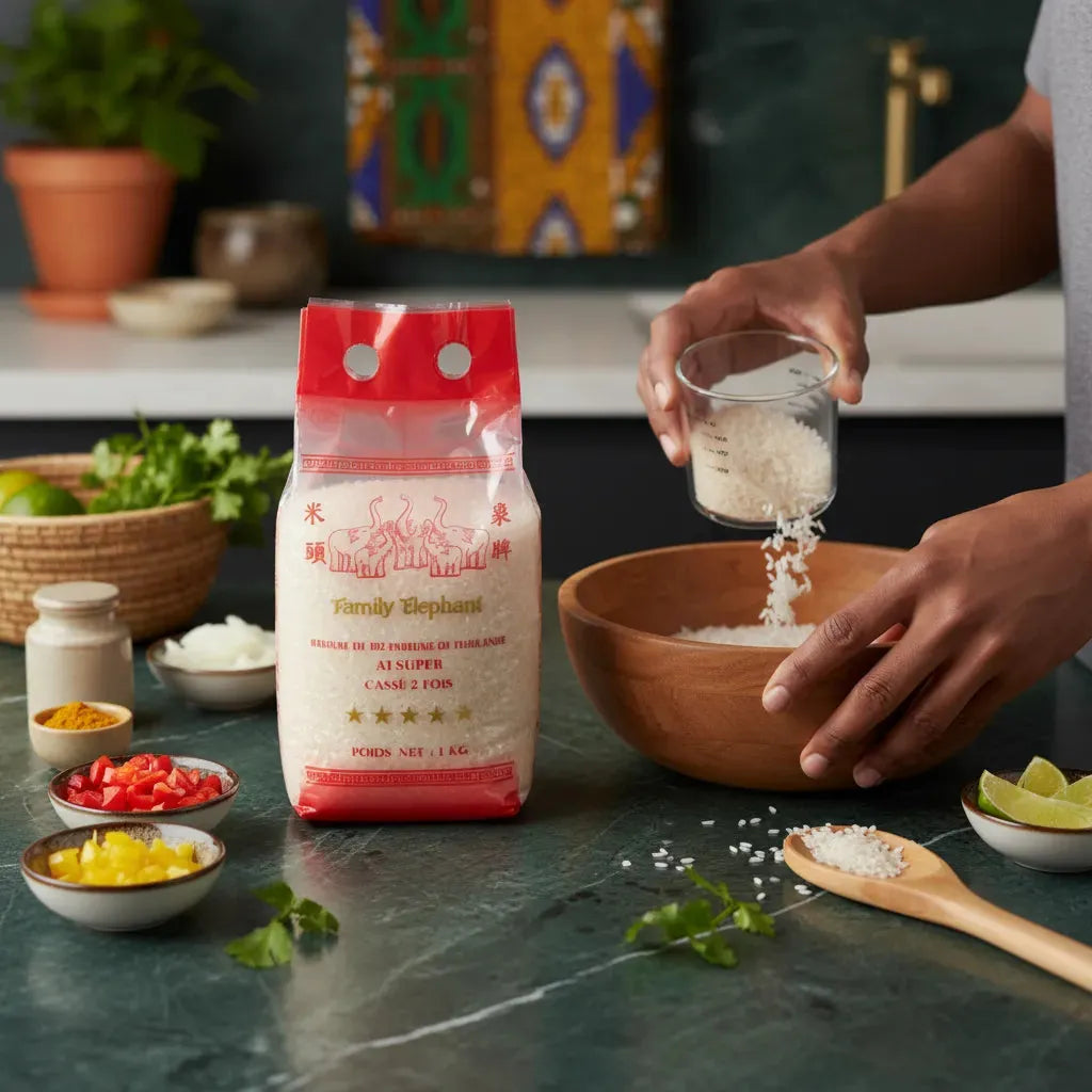 Préparation culinaire avec les brisures de riz TERSOL cassé 2 fois, riz versé dans un bol en bois, ingrédients frais autour pour une recette maison.